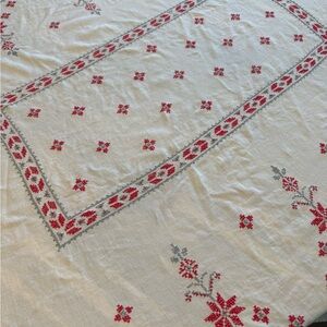 Vintage Red And Grey Hand Embroidered Tablecloth 71x52”